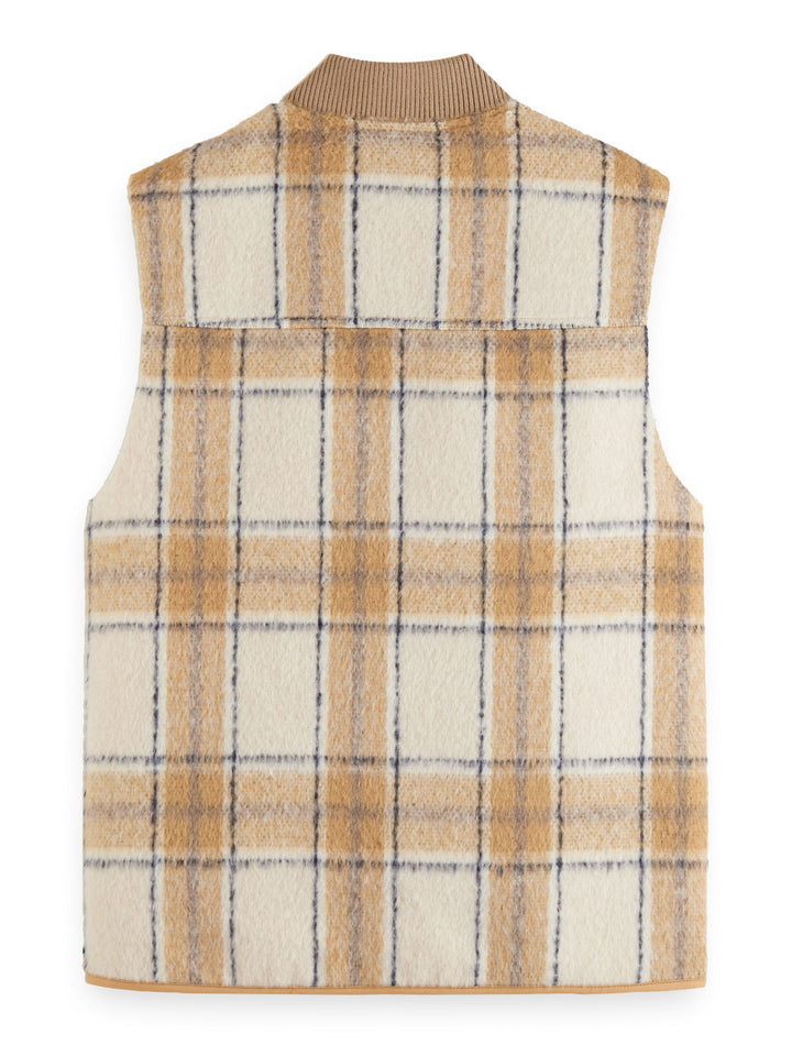 Wool Blend Zip Through Check Gilet in Camel Check | Buster McGee