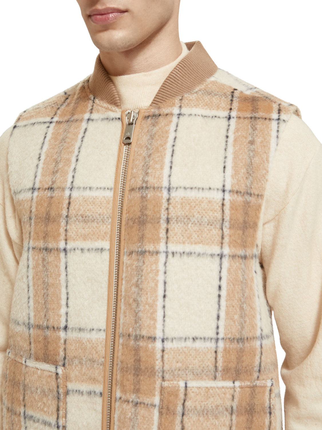 Wool Blend Zip Through Check Gilet in Camel Check | Buster McGee