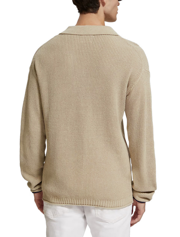 Long Sleeved Knitted Polo Shirt in Pebble | Buster McGee