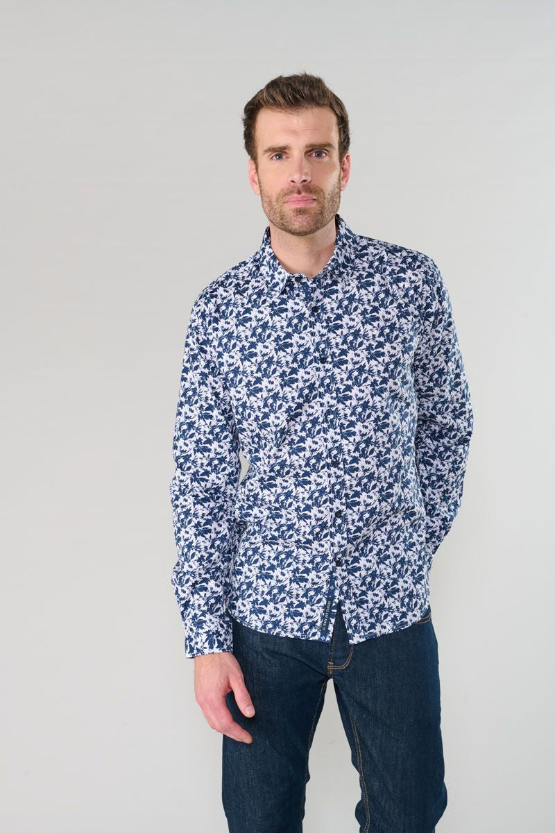 Juna Blue Leaf Print Longsleeve Shirt in Night | Buster McGee