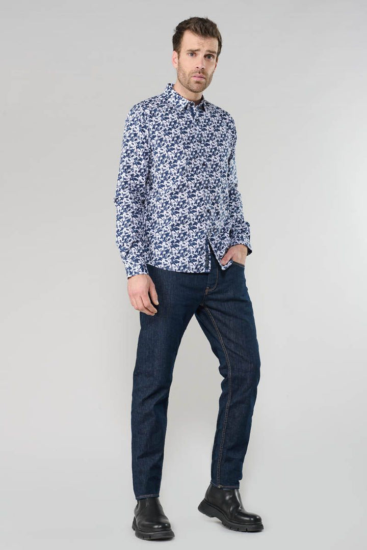 Juna Blue Leaf Print Longsleeve Shirt in Night | Buster McGee