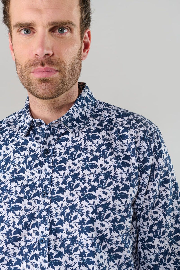 Juna Blue Leaf Print Longsleeve Shirt in Night | Buster McGee