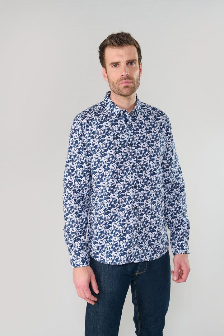 Juna Blue Leaf Print Longsleeve Shirt in Night | Buster McGee