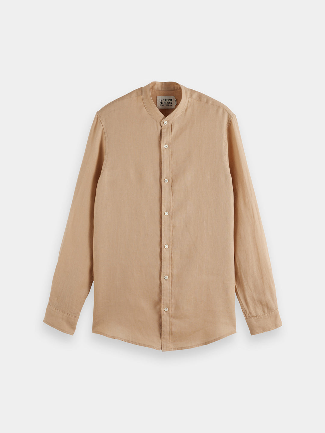 Scotch & Soda Collarless Linen Shirt in Soft Camel | Buster McGee