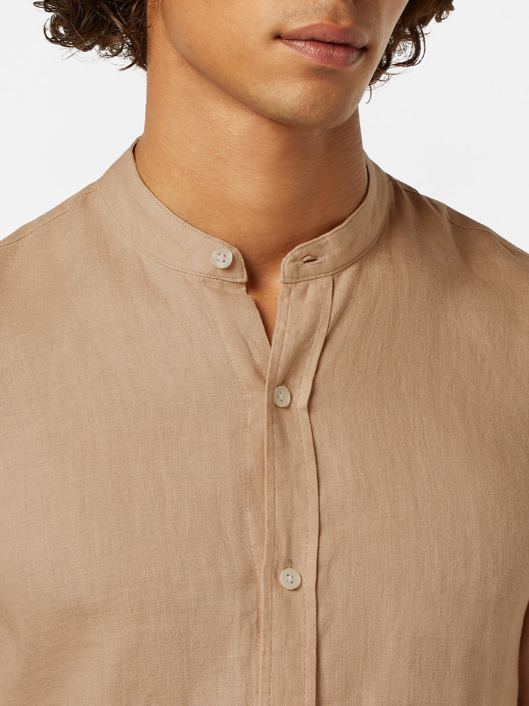 Scotch & Soda Collarless Linen Shirt in Soft Camel | Buster McGee