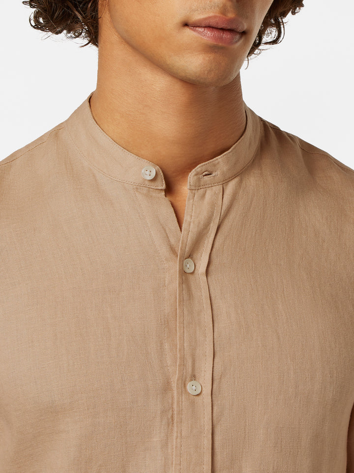 Scotch & Soda Collarless Linen Shirt in Soft Camel | Buster McGee