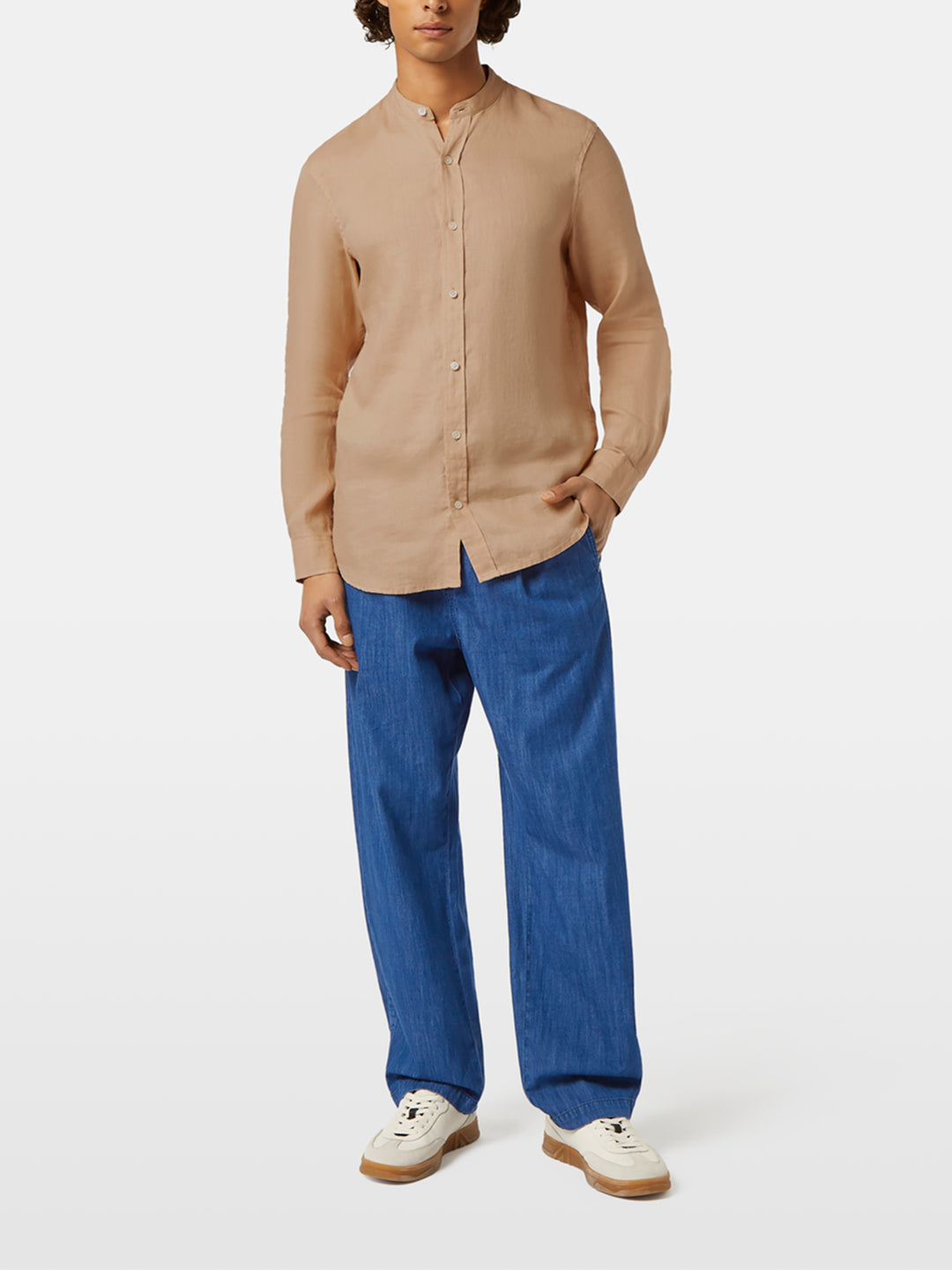 Scotch & Soda Collarless Linen Shirt in Soft Camel | Buster McGee
