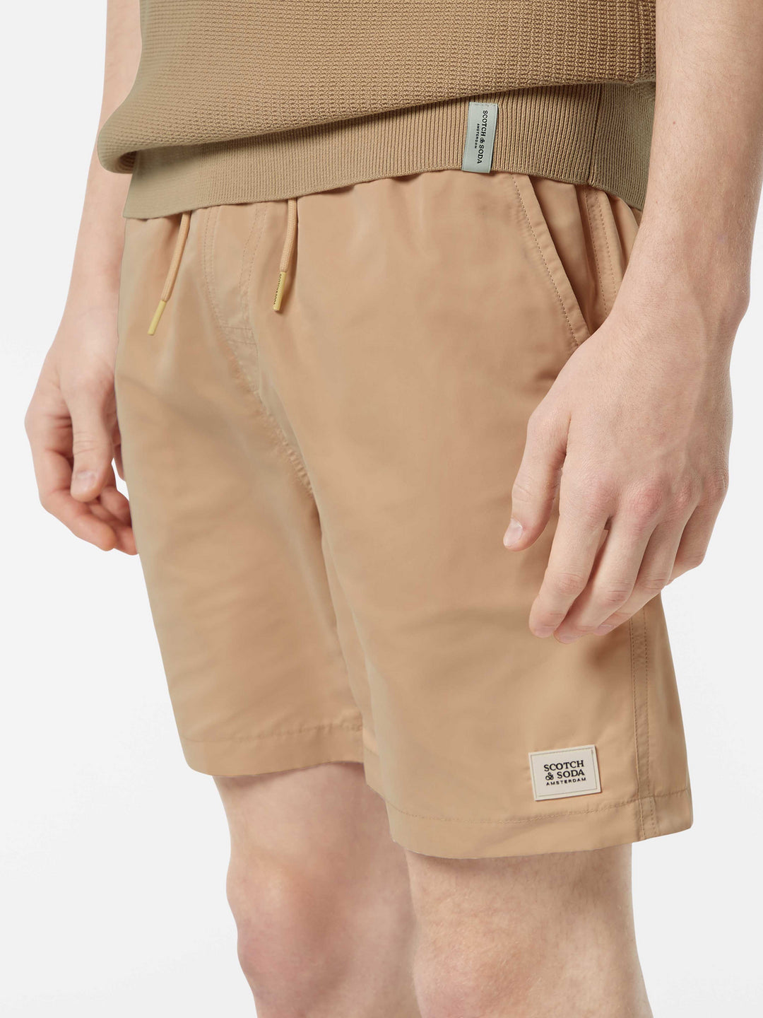 Scotch & Soda Solid Mid-Length Swim Short in Soft Camel | Buster McGee