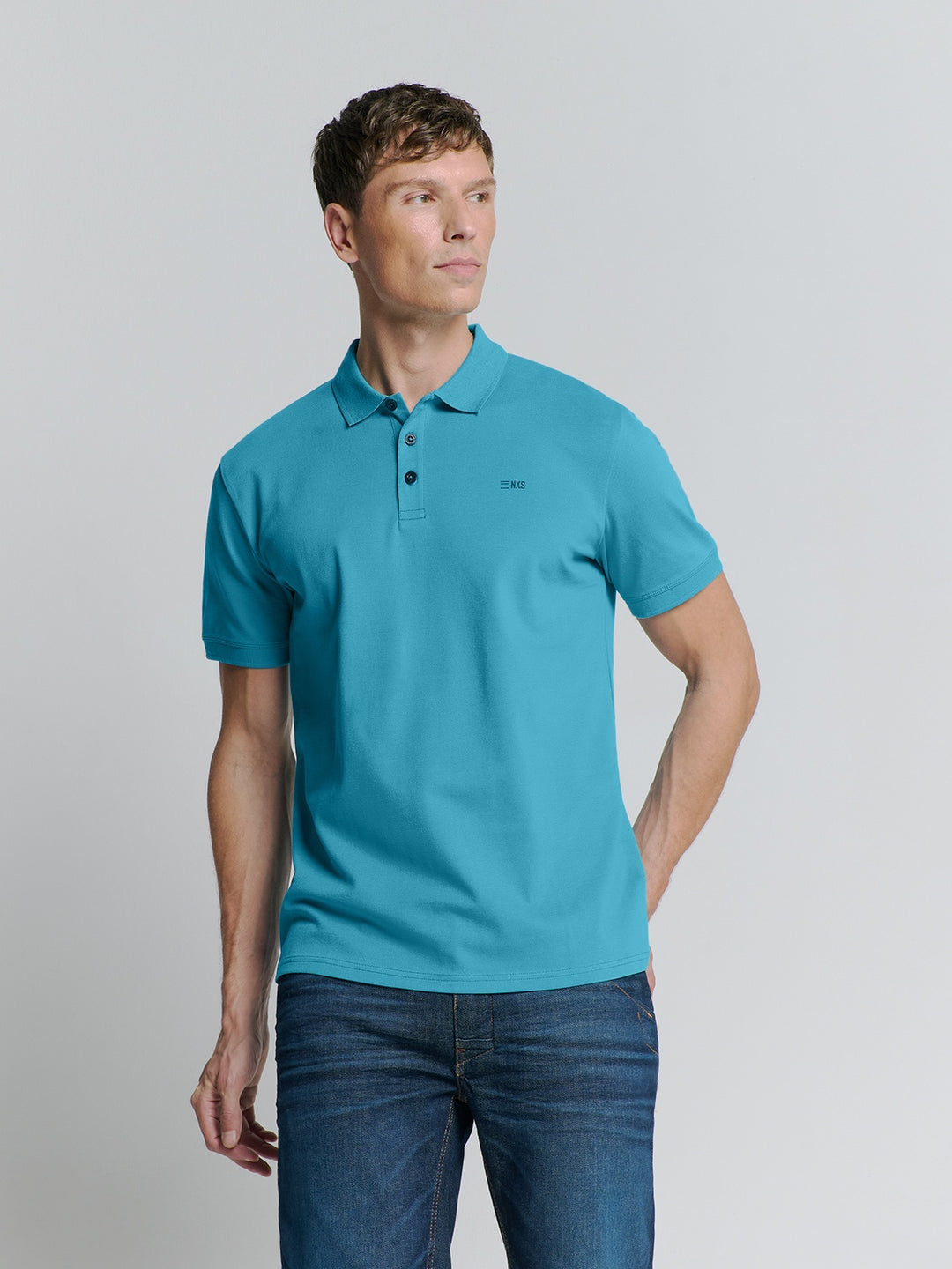 No Excess Solid Stretch Pique Polo in Sea Blue | Buster McGee