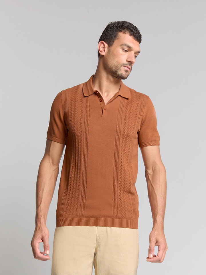 No Excess Short Sleeve Knitted Jacquard Polo in Caramel | Buster McGee