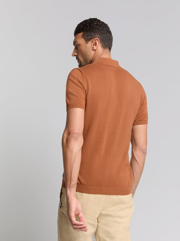 No Excess Short Sleeve Knitted Jacquard Polo in Caramel | Buster McGee