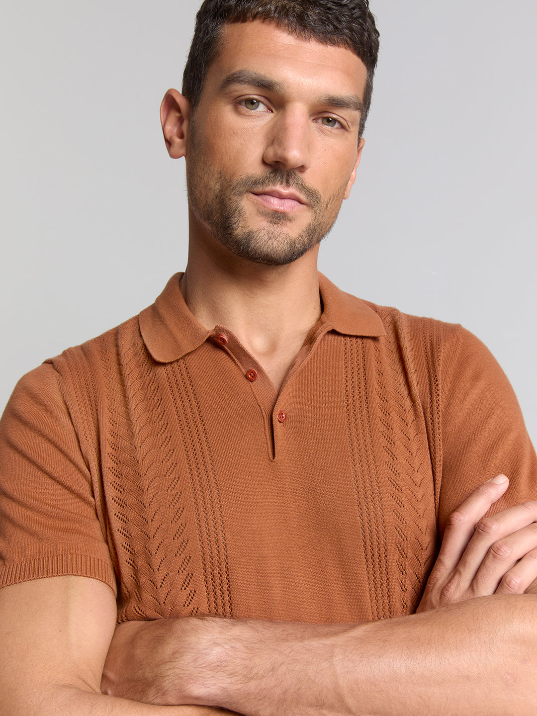 No Excess Short Sleeve Knitted Jacquard Polo in Caramel | Buster McGee