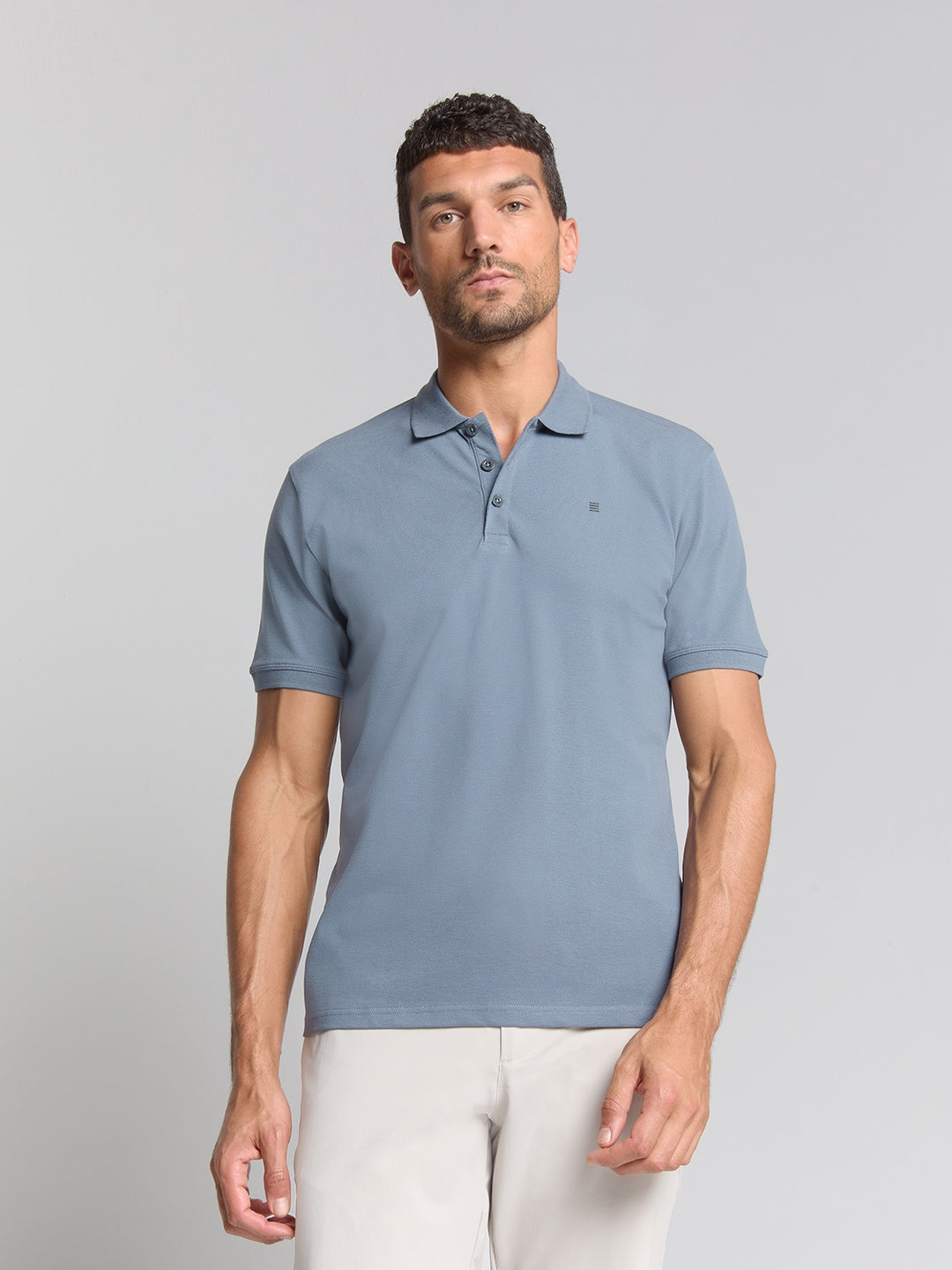 No Excess Solid Stretch Pique Polo in Washed Blue | Buster McGee