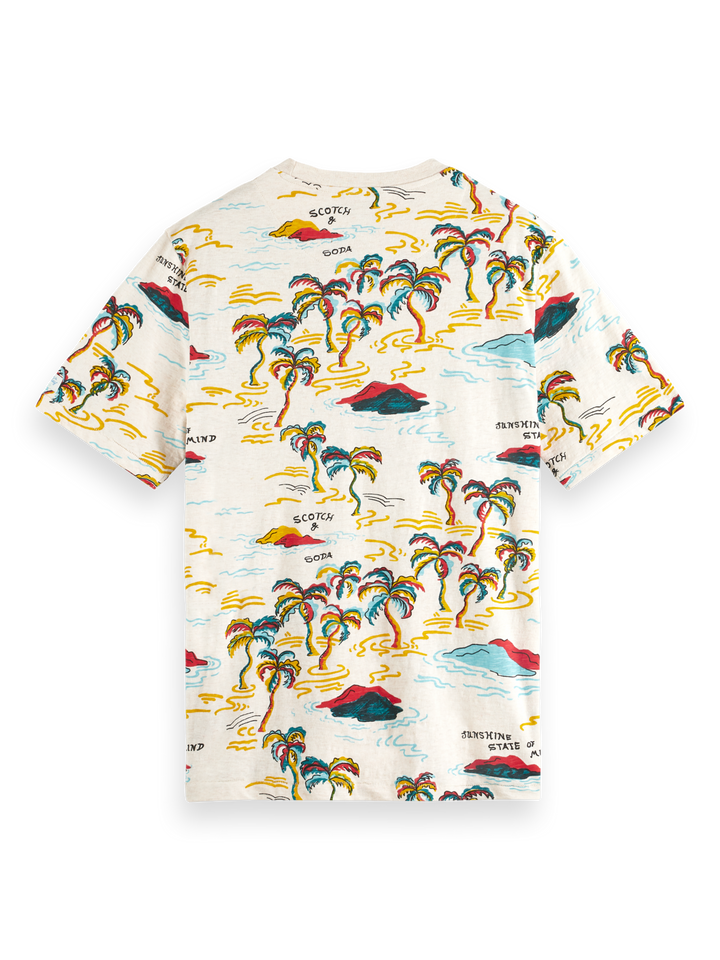 Palm-Printed Crewneck Tee with White Palm Tree Island | Buster McGee
