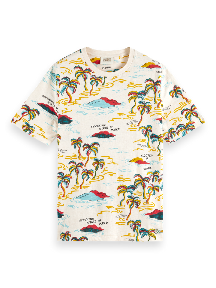 Palm-Printed Crewneck Tee with White Palm Tree Island | Buster McGee
