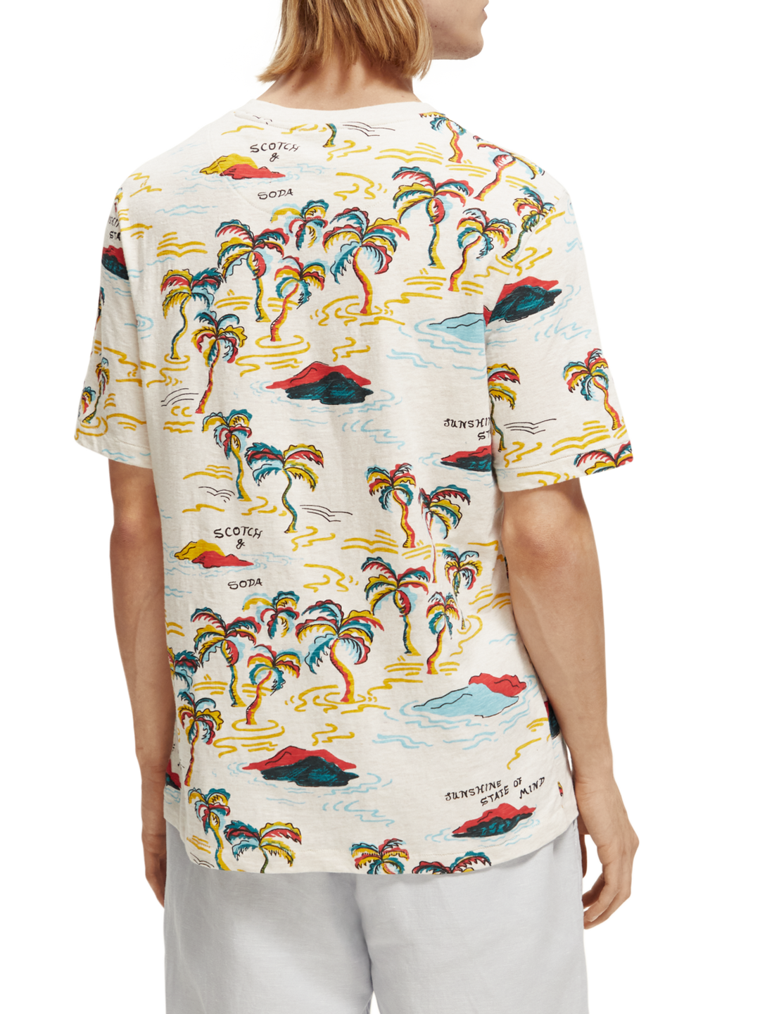 Palm-Printed Crewneck Tee with White Palm Tree Island | Buster McGee