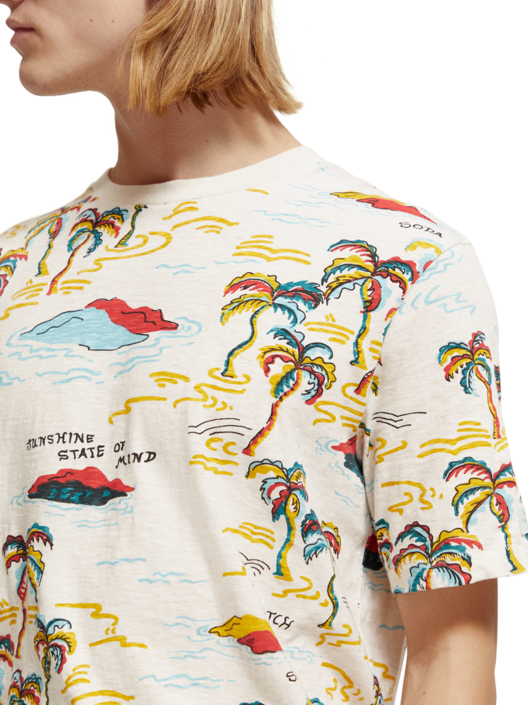 Palm-Printed Crewneck Tee with White Palm Tree Island | Buster McGee