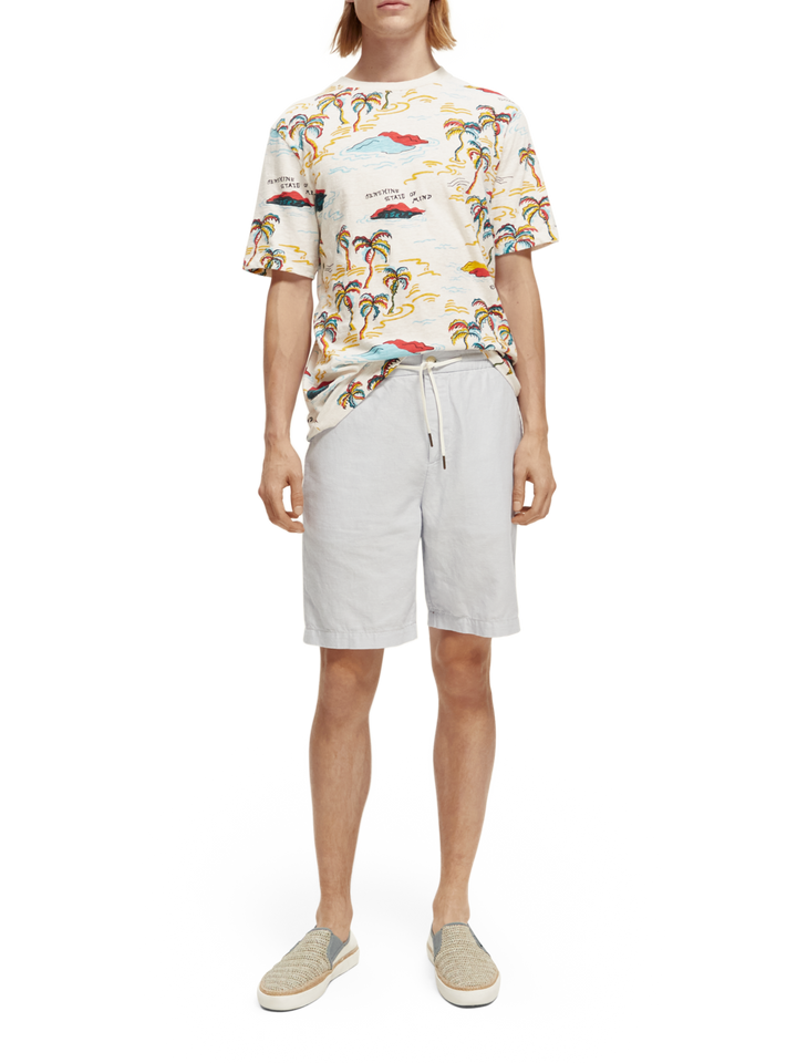 Palm-Printed Crewneck Tee with White Palm Tree Island | Buster McGee