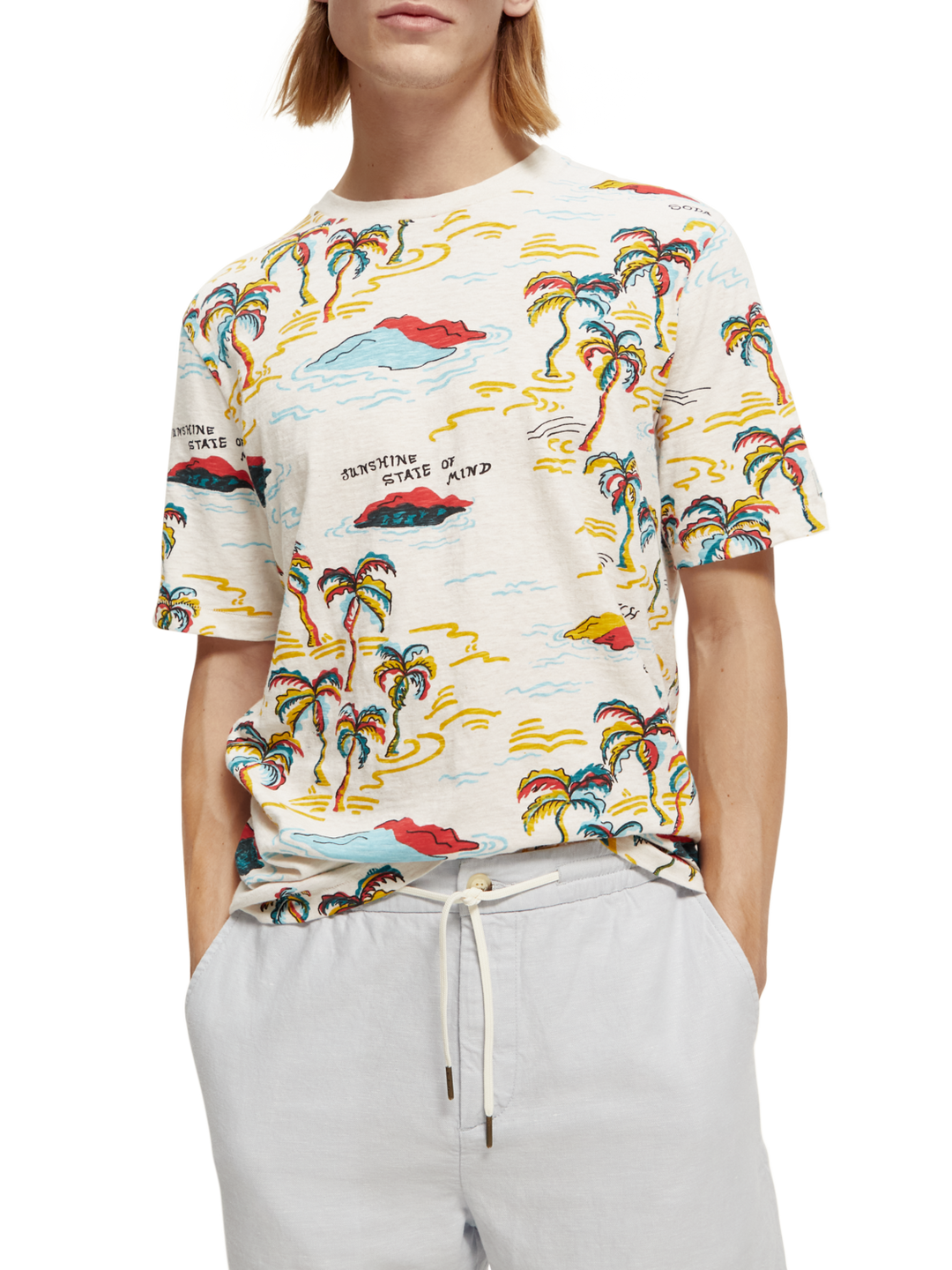 Palm-Printed Crewneck Tee with White Palm Tree Island | Buster McGee