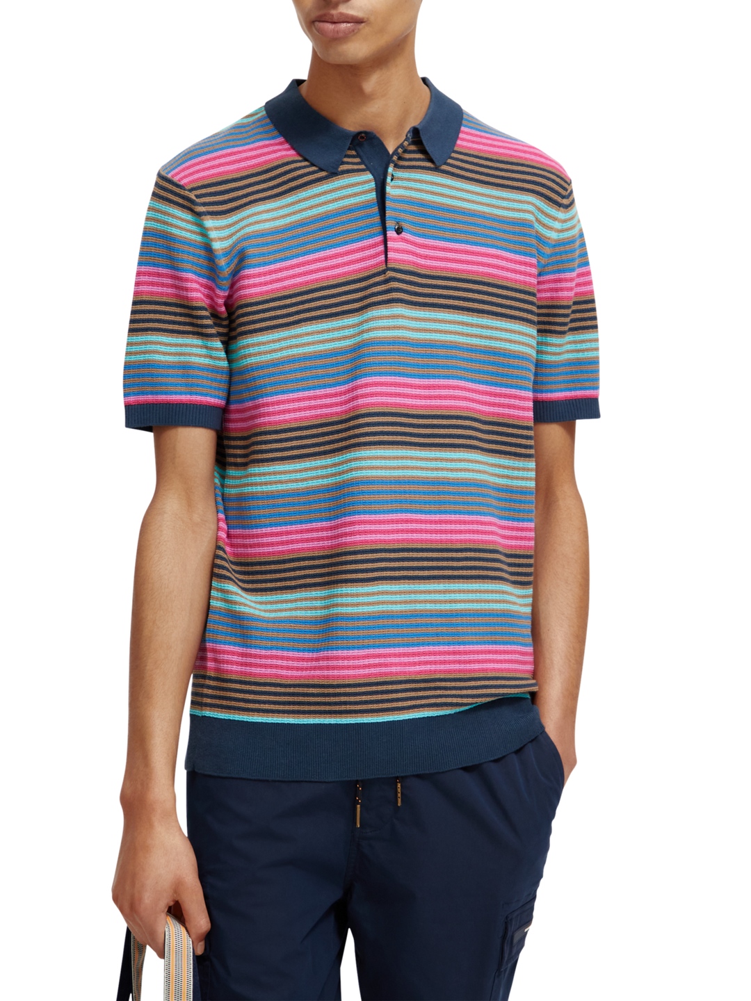 Knitted Striped Polo in Steel Topaz Blue Stripe | Buster McGee