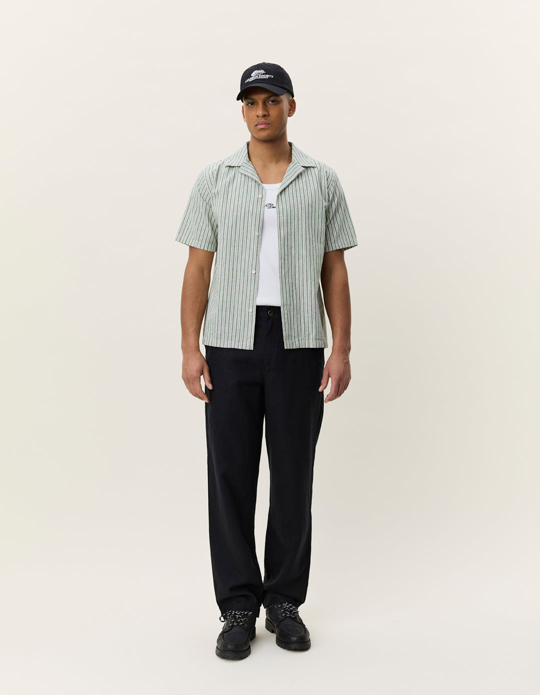 Les Deux Stripe Cotton-Linen SS Shirt Artichoke Green | Buster McGee