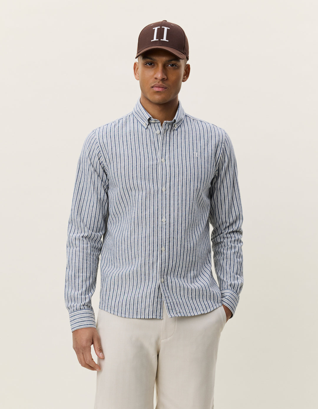 Les Deux Stripe Cotton-Linen Shirt in Dark Denim Blue | Buster McGee