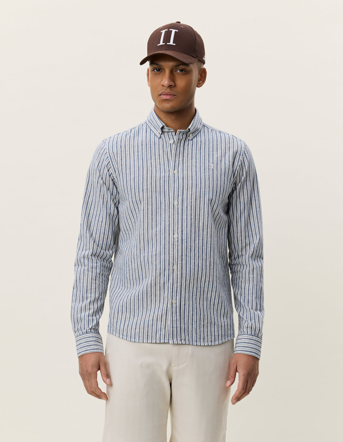 Les Deux Stripe Cotton-Linen Shirt in Dark Denim Blue | Buster McGee
