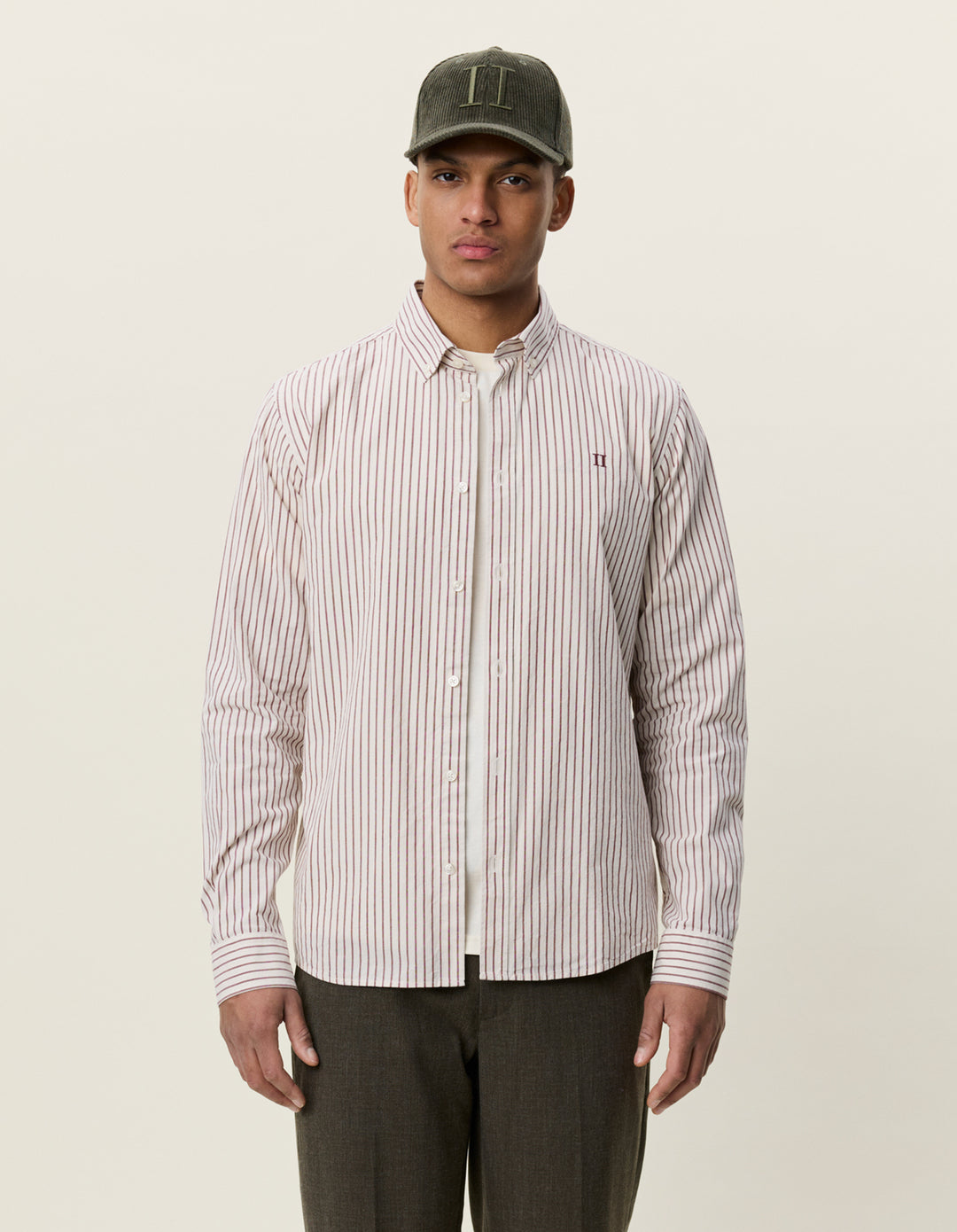 Les Deux Light Oxford Striped Shirt in Chocolate Truffle Red | Buster McGee