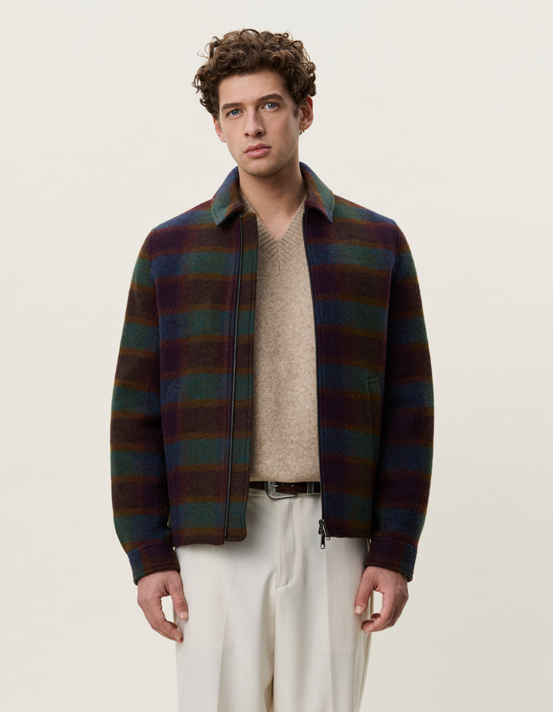 Les Deux Check Wool Zipper Coach Jacket in Rosin Green | Buster McGee