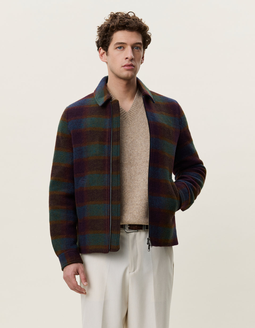 Les Deux Check Wool Zipper Coach Jacket