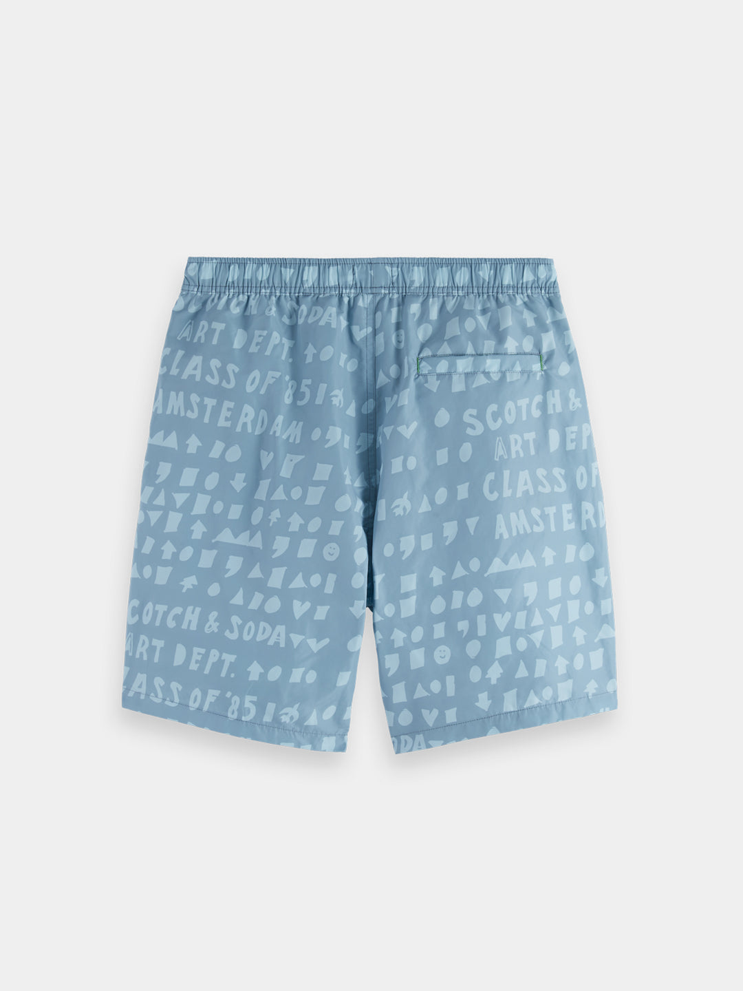 Scotch &amp; Soda Printed Mid-Length Swim Short in Art Dept Faded Denim