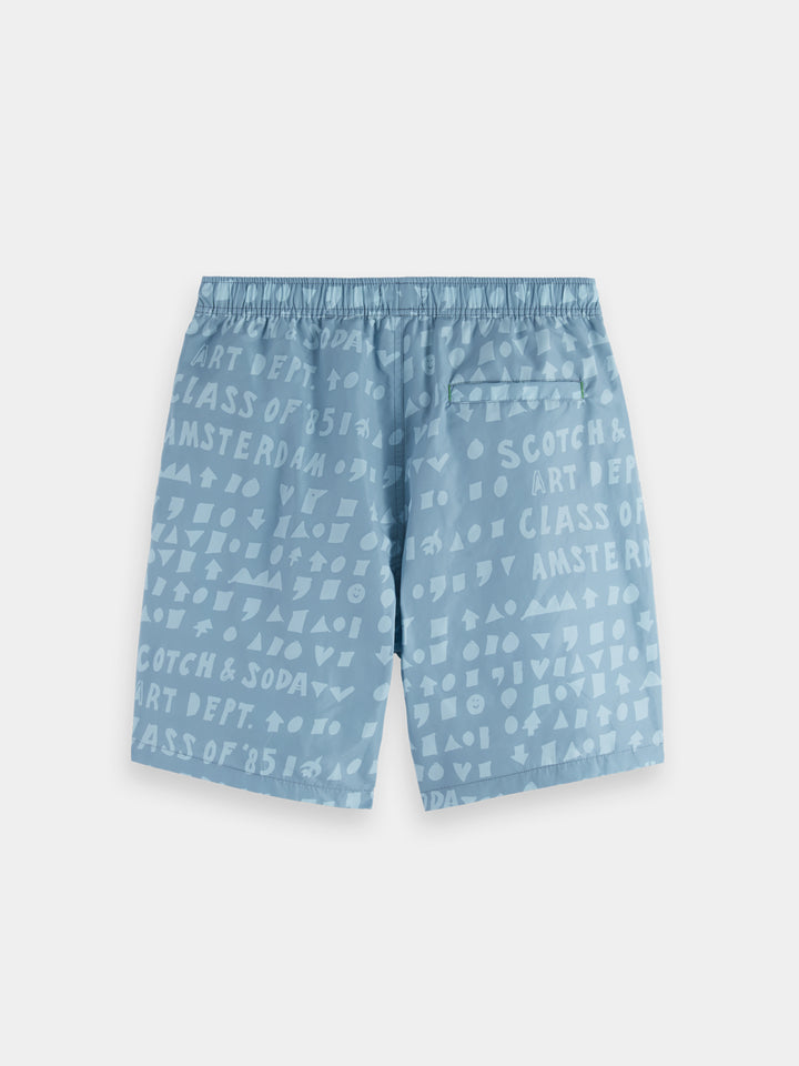 Scotch &amp; Soda Printed Mid-Length Swim Short in Art Dept Faded Denim