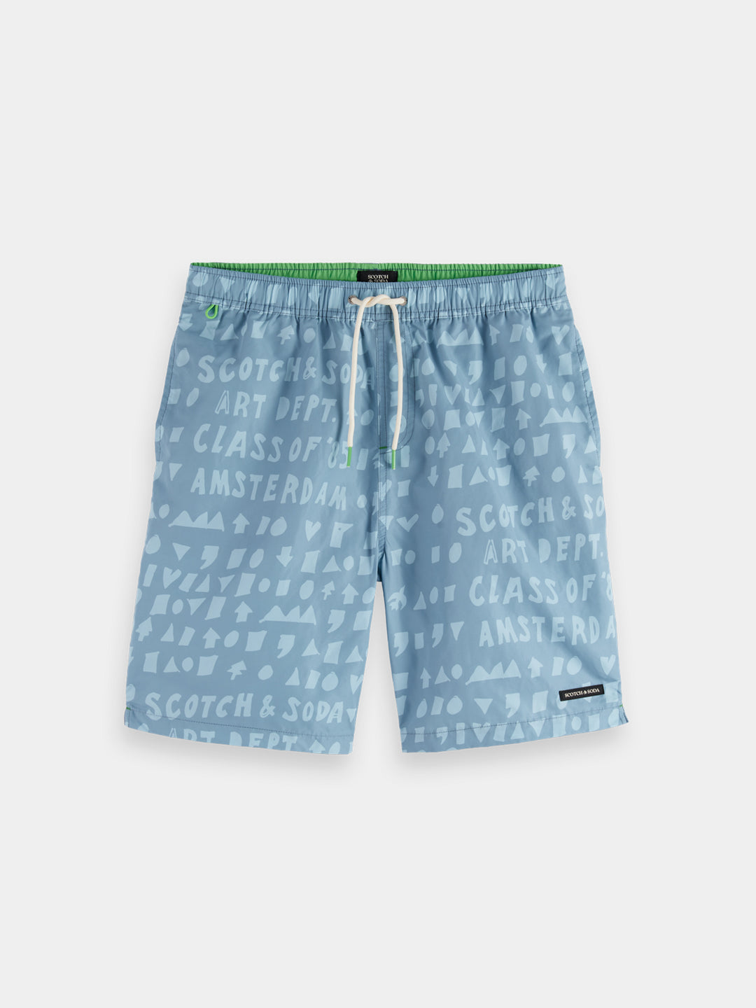 Scotch &amp; Soda Printed Mid-Length Swim Short in Art Dept Faded Denim