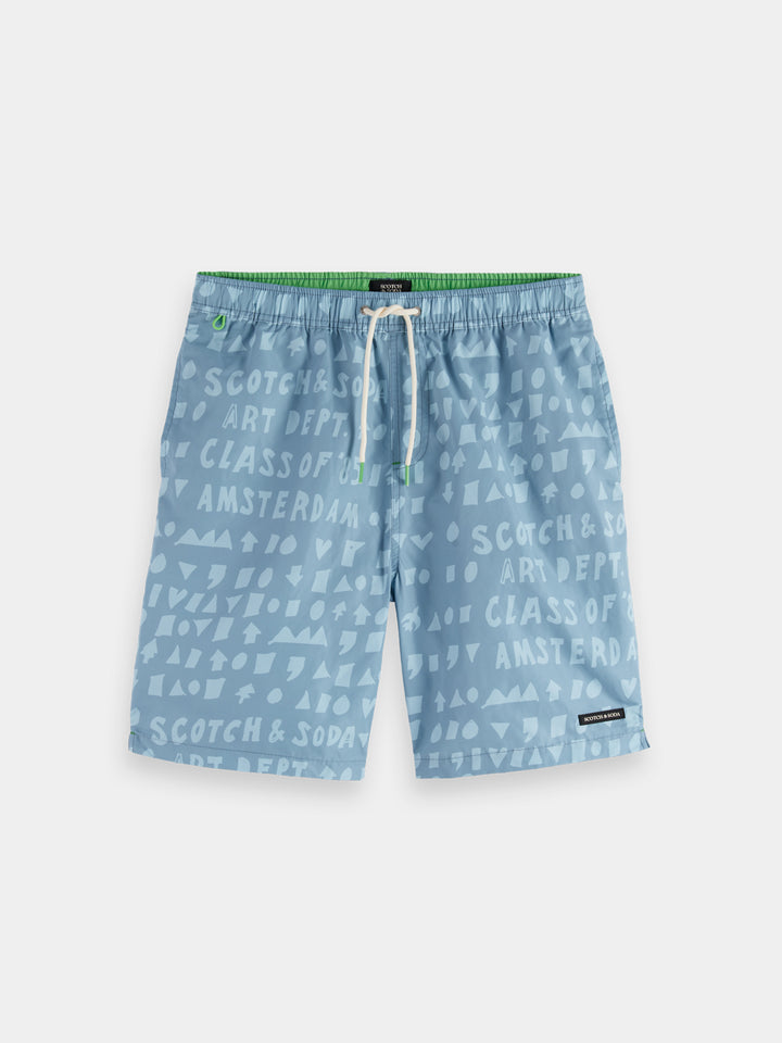 Scotch &amp; Soda Printed Mid-Length Swim Short in Art Dept Faded Denim