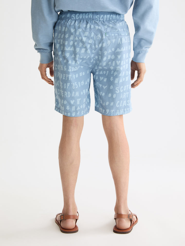 Scotch &amp; Soda Printed Mid-Length Swim Short in Art Dept Faded Denim