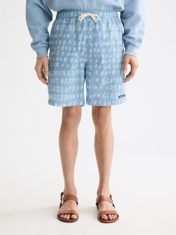 Scotch &amp; Soda Printed Mid-Length Swim Short in Art Dept Faded Denim