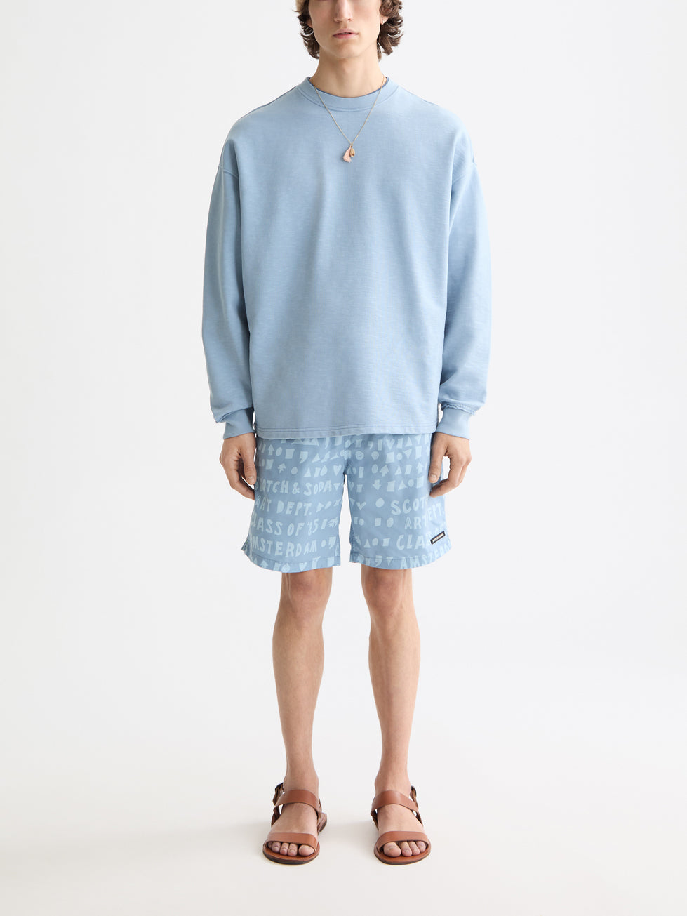 Scotch &amp; Soda Printed Mid-Length Swim Short in Art Dept Faded Denim
