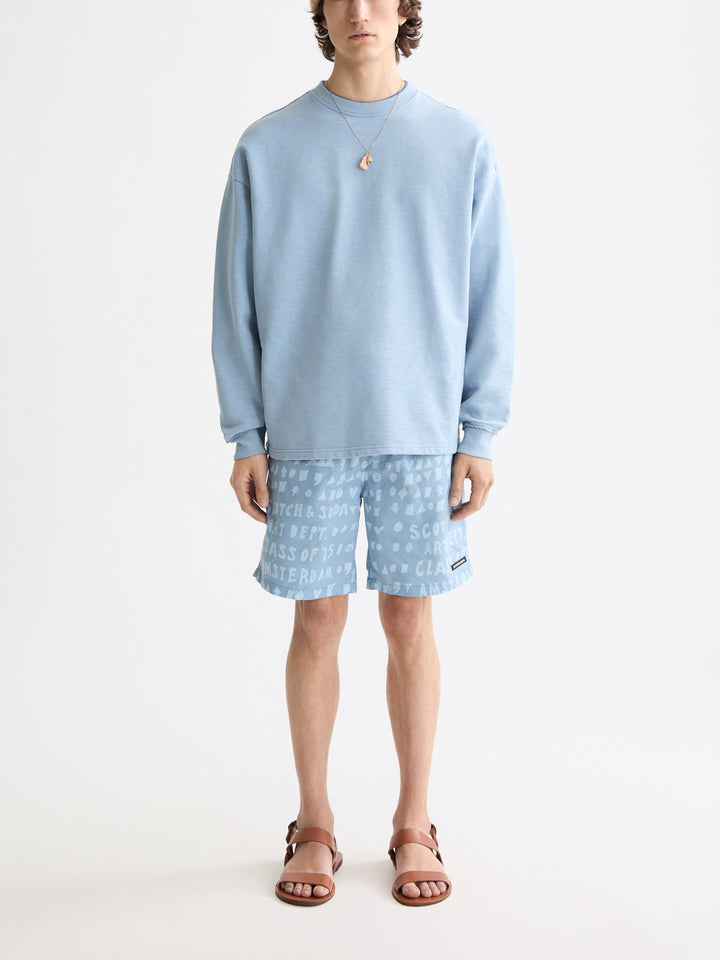 Scotch &amp; Soda Printed Mid-Length Swim Short in Art Dept Faded Denim