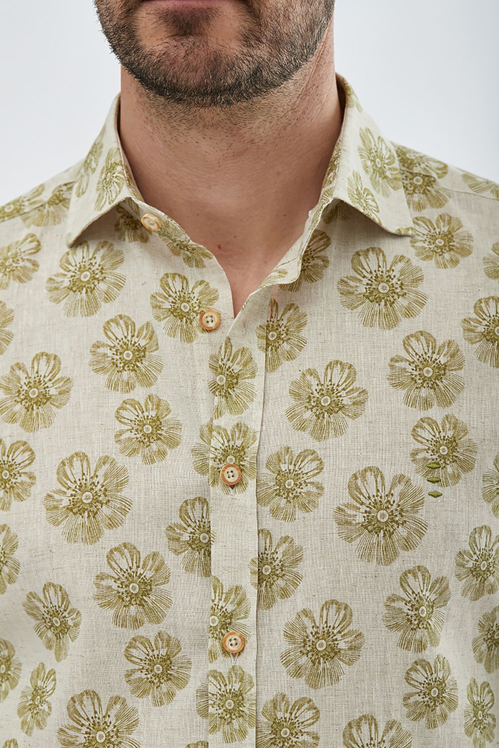 FLORENTINO - Linen Blend Shirt with Olive Print | Buster McGee