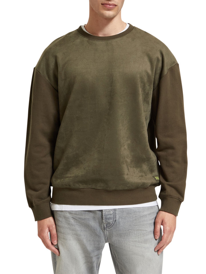 Relaxed Fit Faux Suede Felpa Sweatshirt in Army | Buster McGee