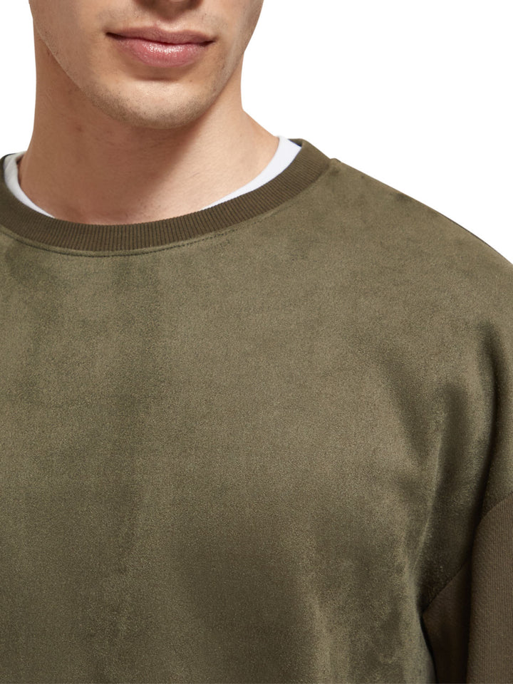 Relaxed Fit Faux Suede Felpa Sweatshirt in Army | Buster McGee