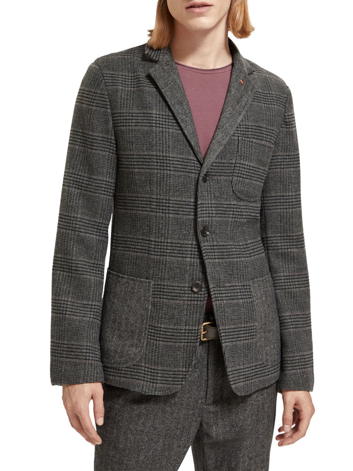 Wool Blend Single Breasted Blazer in Black Grey Check | Buster McGeeWool Blend Single Breasted Blazer in Black Grey Check | Buster McGee