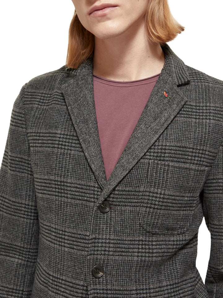 Wool Blend Single Breasted Blazer in Black Grey Check | Buster McGee