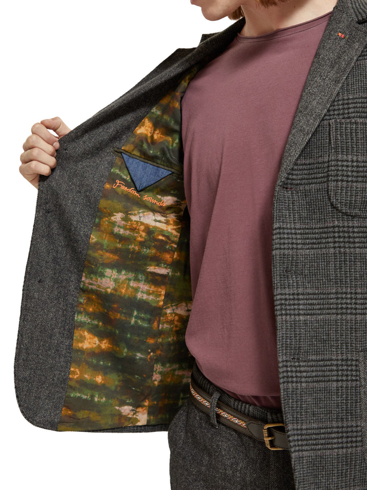 Wool Blend Single Breasted Blazer in Black Grey Check | Buster McGee