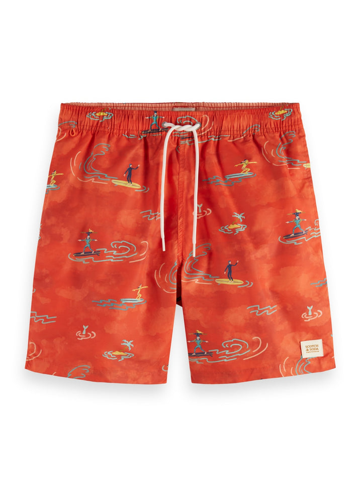 All Over Print Swim Shorts in Red Surfer Print | Buster McGee