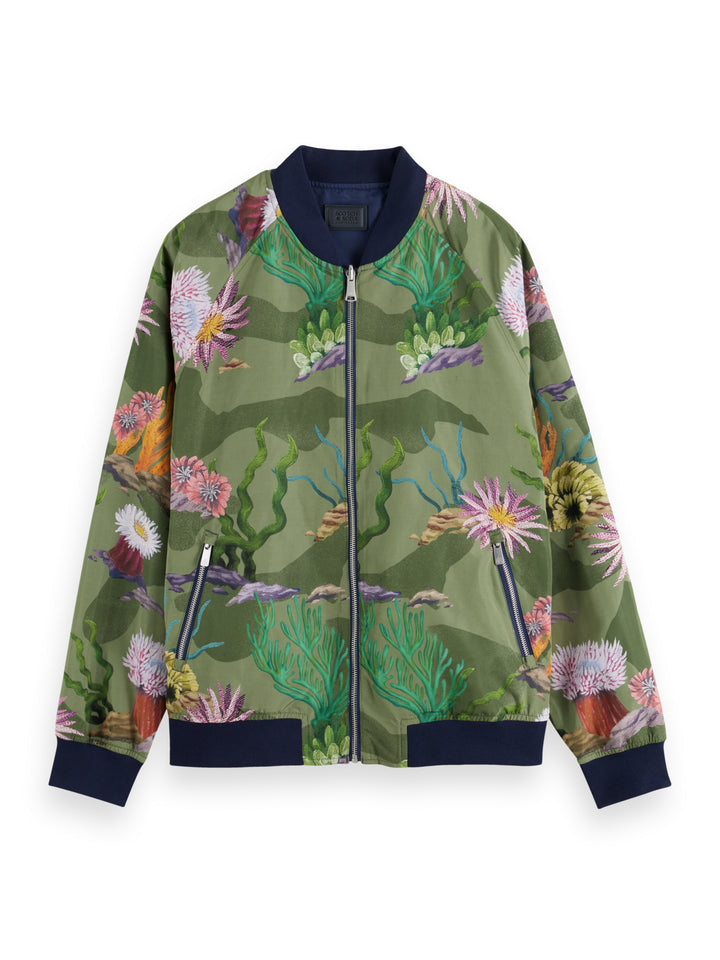 Printed Reversible Bomber Jacket in Navy Blue | Buster McGee