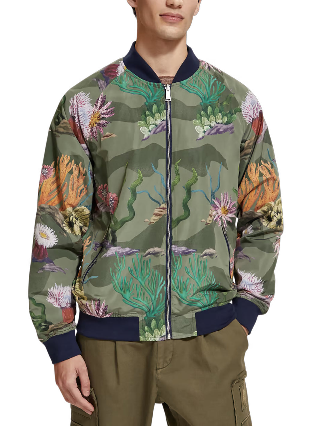 Printed Reversible Bomber Jacket in Navy Blue | Buster McGee