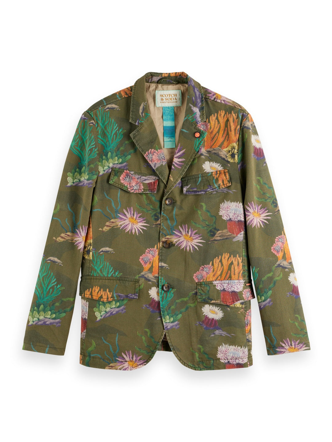 Printed Twill Safari Blazer in Camo Coral Allover Print | Buster McGee