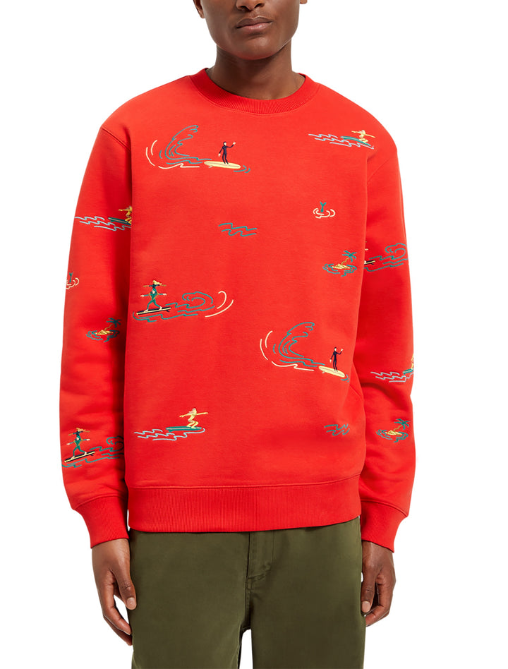 All Over Embroidery Crewneck Sweatshirt in Boat Red | Buster McGee