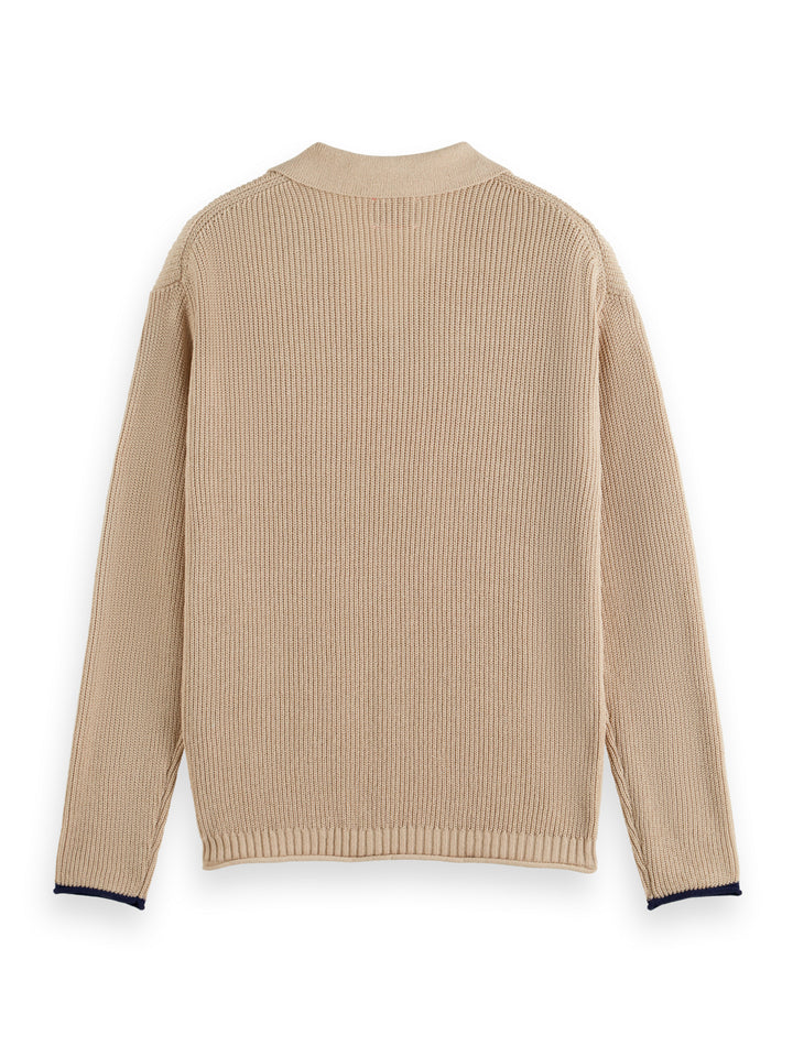 Long Sleeved Knitted Polo Shirt in Pebble | Buster McGee